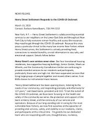 NEWS RELEASE Henry Street Settlement Responds to the COVID