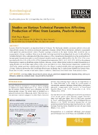 Studies on Various Technical Parameters Affecting Production of Wine from Lucuma, Pouteria Lucuma