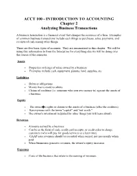 ACCT 100 - INTRODUCTION to ACCOUNTING Chapter 2 Analyzing Business Transactions