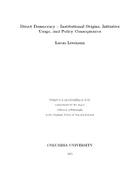 Direct Democracy – Institutional Origins, Initiative Usage, and Policy Consequences