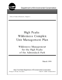 High Peaks Wilderness Complex Unit Management Plan