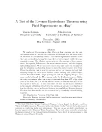 A Test of the Revenue Equivalence Theorem Using Field Experiments on Ebay∗