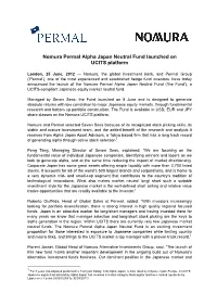 Nomura Permal Alpha Japan Neutral Fund Launched on UCITS Platform