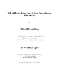 Role of Histone Deacetylases in Gene Expression and RNA Splicing