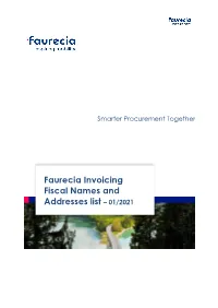 Faurecia Invoicing Fiscal Names and Addresses List – 01/2021