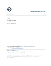 Front Matter Mormon Studies Review