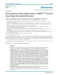 Theranostics R13 Preserves Motor Performance in SOD1G93A Mice By