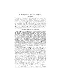 VI. Developments in Hong Kong and Macau