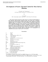 Development of Passive Thermal Control for Mars Surface Missions