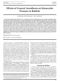 Effects of General Anesthesia on Intraocular Pressure in Rabbits