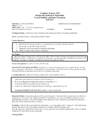 Computer Science 3364 Design and Analysis of Algorithms Course Syllabus and Policy Statement Fall 2017