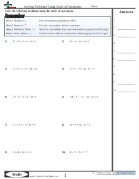 Answers Solving Problems Using Order of Operations