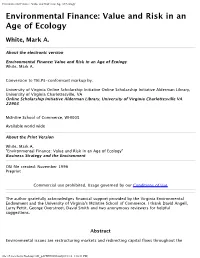 Environmental Finance: Value and Risk in an Age of Ecology