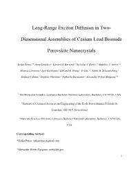 Long-Range Exciton Diffusion in Two- Dimensional Assemblies of Cesium Lead Bromide Perovskite Nanocrystals