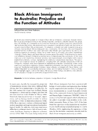 Black African Immigrants to Australia: Prejudice and the Function of Attitudes