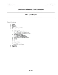 Select Agent Program Department of Environmental Health and Safety Review Date: February 2020
