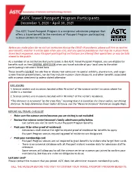 ASTC Travel Passport Program Participants December 1, 2020 - April 30, 2021