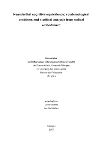 Neanderthal Cognitive Equivalence: Epistemological Problems and a Critical Analysis from Radical Embodiment