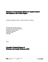 Summary of Temperature Metrics for Aquatic Invasive Fish Species in the Prairie Region
