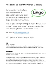 Welcome to the UNLV Lingo Glossary