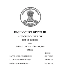 Advance Cause List List of Business for Friday, the 15Th January, 2021 Index Pages
