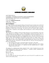 Landmark University, Omu-Aran Lecture Note 2 College: College of Science and Engineering Department: Mechanical Engineering Heat