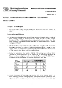 Report to Pensions Sub-Committee REPORT of SERVICE DIRECTOR – FINANCE & PROCUREMENT PROXY VOTING Purpose of the Report