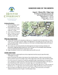 August – Moose Mtn. Ridge Loop a Moderately Challenging Mountain Hike with Optional Visit to an at Shelter