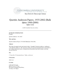 Quentin Anderson Papers, 1935-2002 (Bulk Dates 1960-2000) MS# 1434