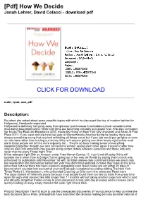 How We Decide Jonah Lehrer, David Colacci - Download Pdf