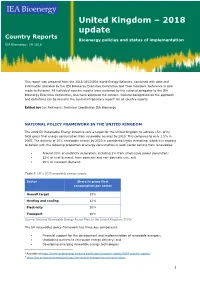 United Kingdom – 2018 Update Country Reports Bioenergy Policies and Status of Implementation