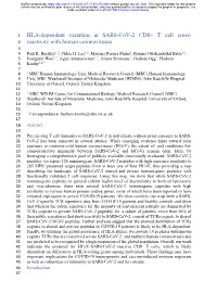 HLA-Dependent Variation in SARS-Cov-2 CD8+ T Cell Cross- 2 Reactivity with Human Coronaviruses 3 4 Paul R