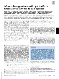 Influenza Hemagglutinin-Specific Iga Fc-Effector Functionality Is Restricted to Stalk Epitopes