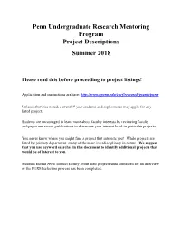 Penn Undergraduate Research Mentoring Program Project Descriptions