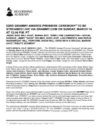 63Rd Grammy Awards Premiere Ceremony® to Be Streamed Live Via Grammy.Com on Sunday, March 14 at 12:00 P.M