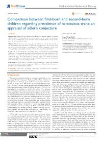 Comparison Between First-Born and Second-Born Children Regarding Prevalence of Narcissistic Traits: an Appraisal of Adler’S Conjecture