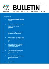 DECEMBER-2020 Table of Contents I. Liberation of Lachin and Rebuilding