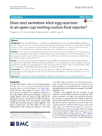 Does Nest Sanitation Elicit Egg Rejection in an Open‑Cup Nesting Cuckoo Host Rejecter? Tongping Su1,2 , Chanchao Yang2 , Shuihua Chen1* and Wei Liang2*