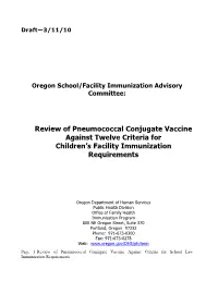 Criteria for Reviewing Pneumococcal Conjugate Vaccine