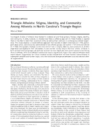Triangle Atheists: Stigma, Identity, and Community Among Atheists in North Carolina’S Triangle Region