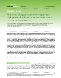Phenotypic Analyses Support Investigations of Phylogeny in the Skyrian Pony and Other Breeds