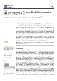 Melt Electrospinning of Polymers: Blends, Nanocomposites, Additives and Applications