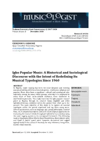 Igbo Popular Music: a Historical and Sociological Discourse with the Intent of Redefining Its Musical Typologies Since 1960