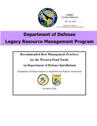 Recommended Best Management Practices for the Western Pond Turtle on Department of Defense Installations