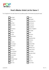 Host's Master Artist List for Game 1