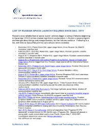List of Russian Space Launch Vehicle Failures Since Dec. 2010