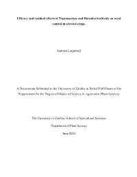 Efficacy and Residual Effects of Topramezone and Dicamba Herbicide on Weed Control in Selected Crops