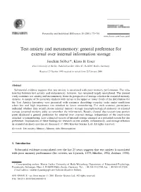 Test Anxiety and Metamemory: General Preference for External Over Internal Information Storage