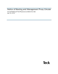 Notice of Meeting and Management Proxy Circular Annual Meeting of Teck Resources Limited to Be Held