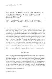 The Decline in Shared Collective Conscience As Found in the Shifting Norms and Values of Etiquette Manuals*